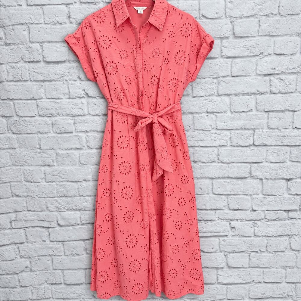 Caslon Eyelet Overlay Midi Shirt Dress Size S Coral Pink Belt Button Pockets